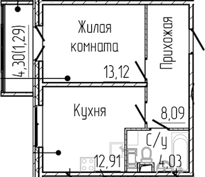 1-комнатная квартира 39.44 м², 2/3 эт., ЖК «SERTOLOVO PARK»